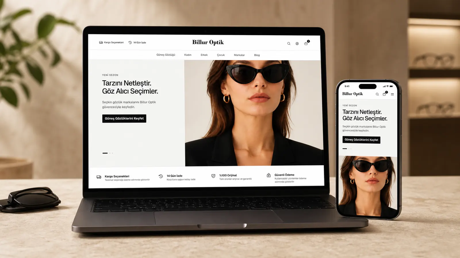 Billur Optik e-ticaret sitesinin masaüstü ve mobil ana sayfa tasarımı